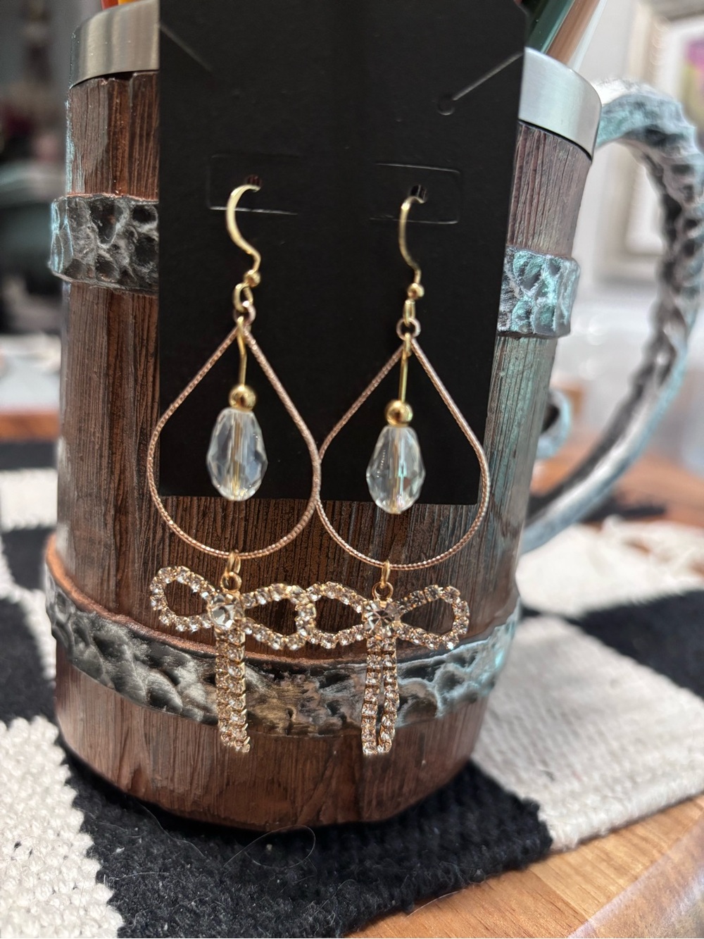 Gold Ribbon Crystal Drop Earrings